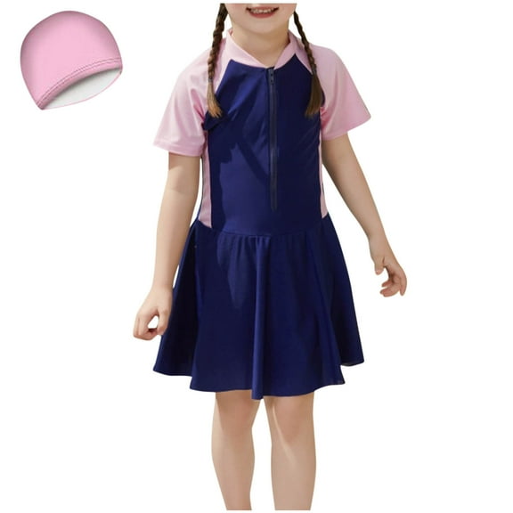 Fesfesfes 2-11 Years Kids Girls Solid Color Swimsuit Beach Sport Skirt Short Sleeve 1 Piece Dress Swimsuit UPF 50  Sun Protection Bathing Suits(Navy,7 Years)