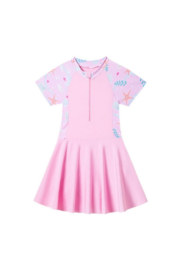 2-12 Years Girls Swim Skirt Color Blocked Zip Swimsuits for Girls Round Neck Tight Fitting Short Sleeved Swimsuit Pleated Dress(Pink,9 Years)