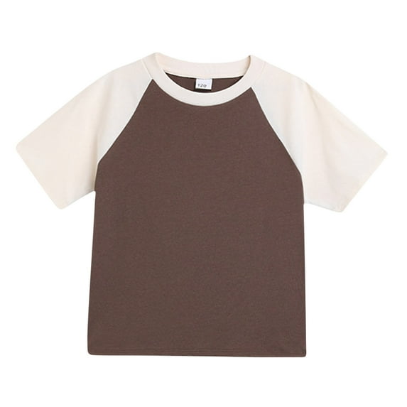 Fesfesfes Kids Casual Cute Blouse Girls Fashion Cute Solid Color Splicing Soft Short Sleeve Pullover Tops Round Neck T Shirts(Coffee,2 Years)