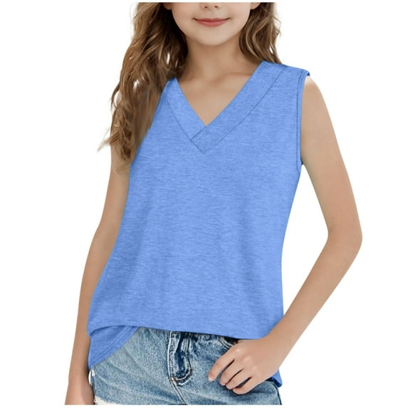 Fesfesfes Summer Camisoles Workout Tops for Girls Summer Solid Color Tank Top Exercise V Neck Summer Children Loose T-shirt(Blue,7 Years)