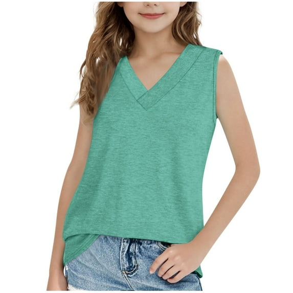 Fesfesfes Summer Camisoles Workout Tops for Girls Summer Solid Color Tank Top Exercise V Neck Summer Children Loose T-shirt(Green,7 Years)