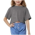 thumbnail image 1 of Fesfesfes Summer Girl's Cute Short Sleeve Solid Color Crop Top Children's Fashion Round Neck Short Sports T-shirt Loose T-shirt(Gray,12 Years), 1 of 9