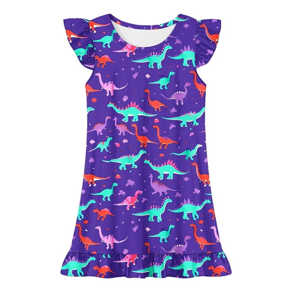 Fesfesfes Summer Girls Soft Dresses Kids Dress Summer Clothes Ruffle Sleeve Floral Smock Beach Boho Dresses Sundress 3-12 Years(Purple#8,3 Years)