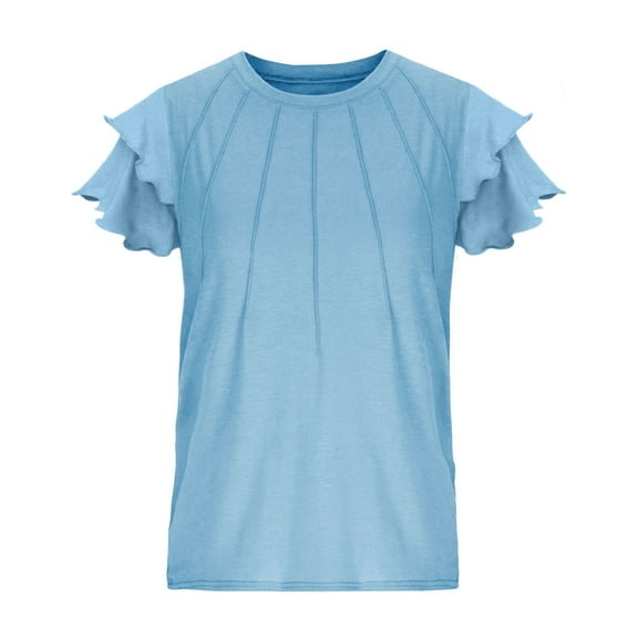 Fesfesfes Summer Shirts for Kids Ruffle Short Sleeve Solid Color T-Shirt Round Neck Tees Girls T-Shirt Casual Breathable Pullover Tops(Light Blue,10-11Years)