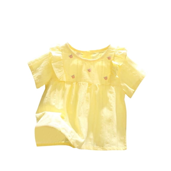 Fesfesfes Summer Tops Girls Crewneck Flower Print Short Sleeve Birthday Party Shirts Casual Round Neck Breathable Blouses 1-7 Years(Yellow,3 Years)