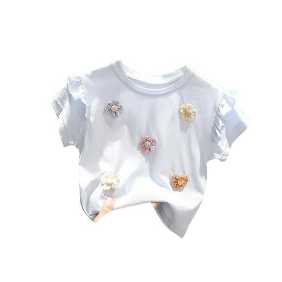 Fesfesfes Summer Tops Girls Cute Short Sleeve Tunic Tops Children Casual Loose Crewneck T Shirts Kids Soft Blouses 2-7 Years(Blue#1,2 Years)