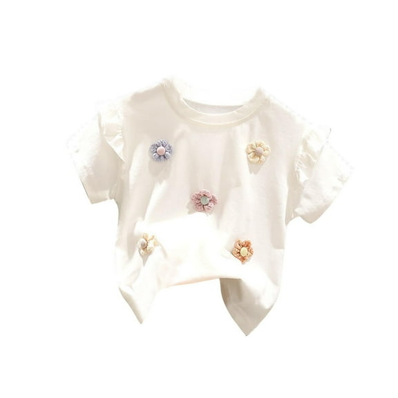 Fesfesfes Summer Tops Girls Cute Short Sleeve Tunic Tops Children Casual Loose Crewneck T Shirts Kids Soft Blouses 2-7 Years(White#1,6 Years)