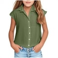 thumbnail image 1 of Fesfesfes 3-14 Years Girls Cotton Linen Shirts Summer Casual Button v Neck Tunic Blouses Kids Trendy Lightweight Solid Short Sleeve Loose Tops(Green#1,11-12 Years), 1 of 6