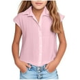 thumbnail image 1 of Fesfesfes 3-14 Years Girls Cotton Linen Shirts Summer Casual Button v Neck Tunic Blouses Kids Trendy Lightweight Solid Short Sleeve Loose Tops(Pink#1,7-8 Years), 1 of 6