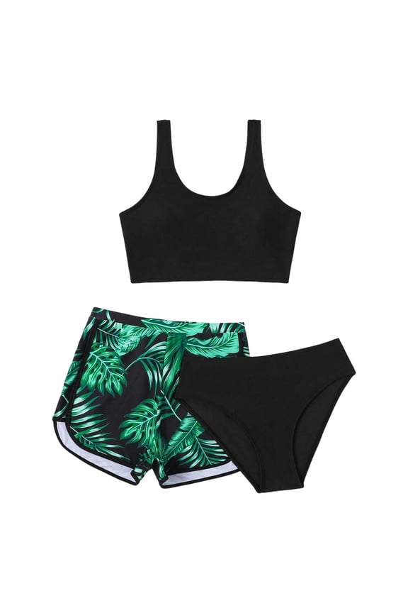 3 Piece Summer and Spring Toddler Girls Kids Fashion Print Criss Bikini Set Swimsuit Bathing Suit with Shorts for Teeen Girls 3-12 Years(Black#4,3-4 Years)