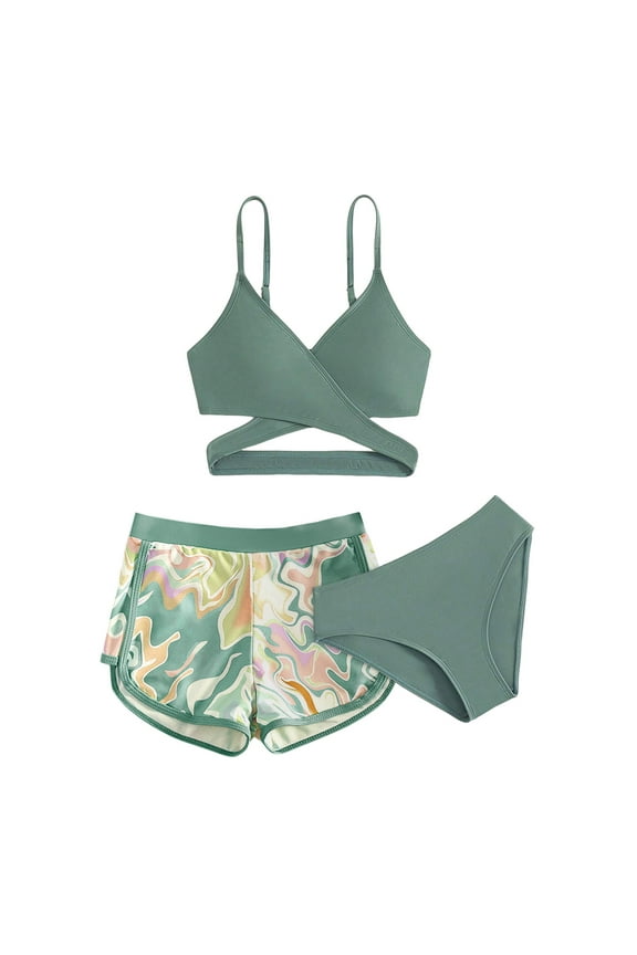 3 Piece Summer and Spring Toddler Girls Kids Fashion Print Criss Bikini Set Swimsuit Bathing Suit with Shorts for Teeen Girls 3-12 Years(Green#1,3-4 Years)