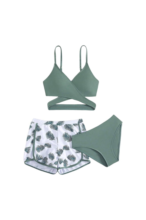 3 Piece Summer and Spring Toddler Girls Kids Fashion Print Criss Bikini Set Swimsuit Bathing Suit with Shorts for Teeen Girls 3-12 Years(Green,3-4 Years)
