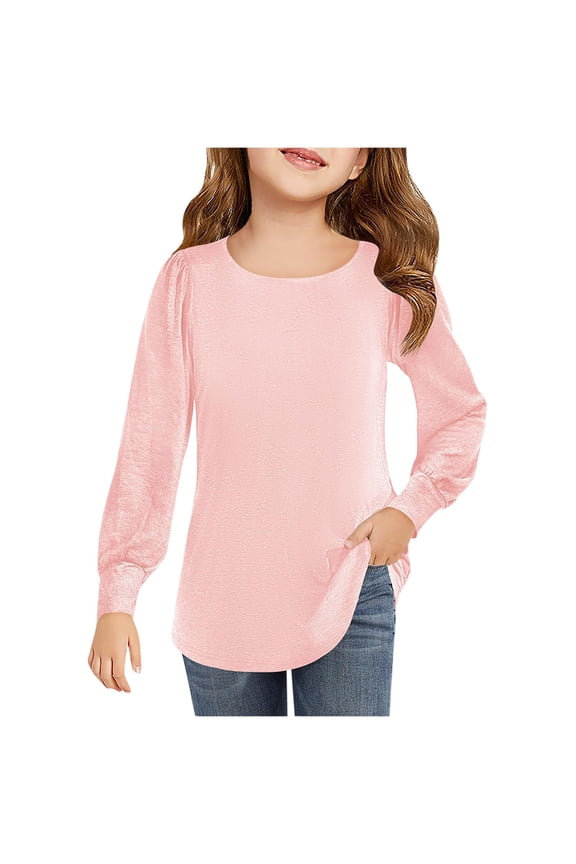 4-13Years Kids Girls Cute Round Neck Knit Tops Ruffle T Shirt Solid Color Casual Loose Long Sleeve Round Neck Tops(Pink,8 Years)