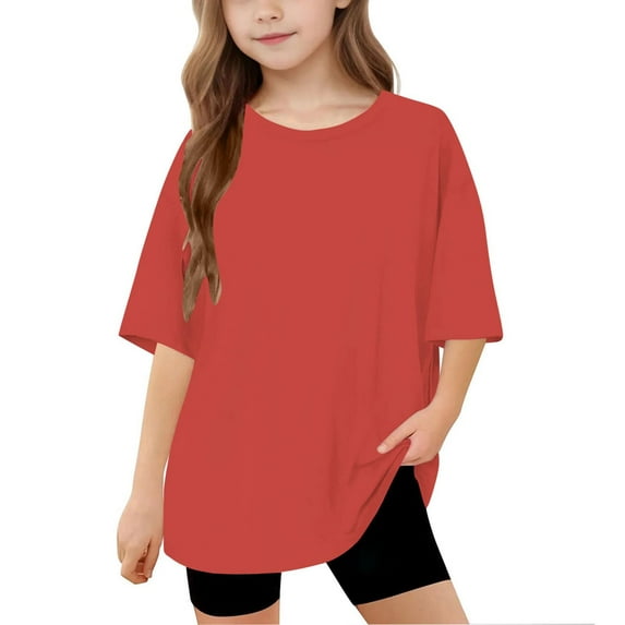 Fesfesfes 5-15 Years Girls and Boys Shirts Fashion Cute Solid Color Short Sleeve Shirts for Kids Loose Soft T-Shirts Tees Teen Summer Tops(Red,5 Years)