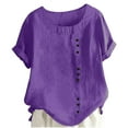 thumbnail image 1 of Fesfesfes 5-15Years Girls Summer Cotton Linen Blouse Rolled Sleeve Crew Neck Pleated Front Buttona Active Tops Solid Color Casual Loose Fit Shirts(Purple,9 Years), 1 of 4
