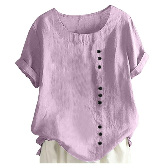 Fesfesfes 5-15Years Girls Summer Cotton Linen Blouse Rolled Sleeve Crew Neck Pleated Front Buttona Active Tops Solid Color Casual Loose Fit Shirts(Hot Pink,14 Years)