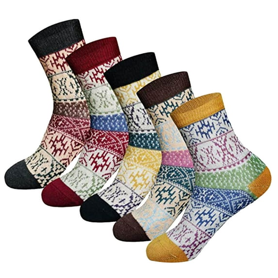 Fesfesfes 5 Pairs Socks for Women Casual Winter Warm Thick Socks Wool Vintage Colorful Knit Soft Socks