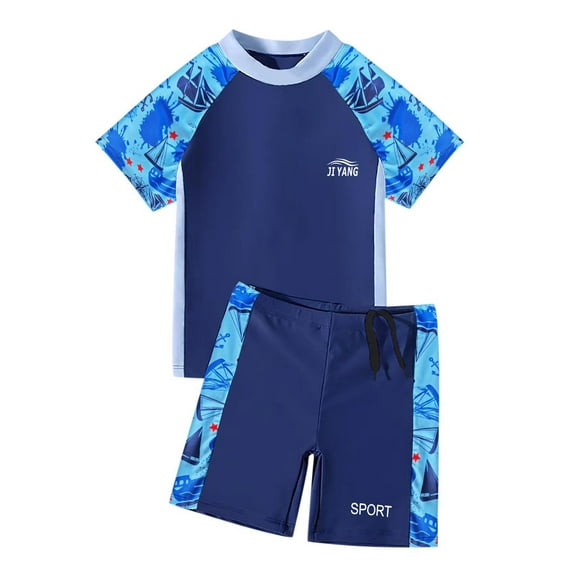 Fesfesfes 6-14Years Boys Swim Sets Short Sleeve Rash Guard Swimwear Summer Quicking Dry Swimsuit Bathing Suit Casual Bathing Suit(Blue#1,6 Years)
