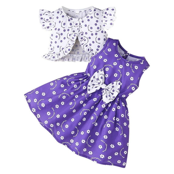 Fesfesfes Baby Girls Summer Dress and Cardigan Sets 2 PCS Girl Floral Print Sleeveless Dress and Short Sleeve Cardigan Set Casual Suit(Purple#2,18-24 Months)