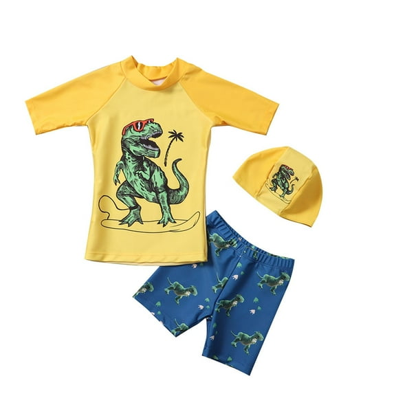Fesfesfes Baby Toddler Boys Three Pieces Swimsuit Set Swimwear Cute Print Bathing Suit Rash Guards with Sun Hat Swimsuit Bathing Suit 1-8 Years(Yellow#6,5 Years)