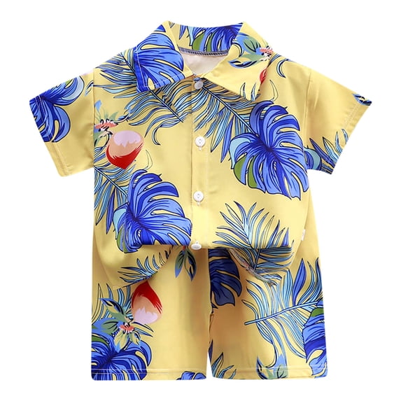 Fesfesfes Boys and Girls Clothes Set Children Fashion Beach Short Sleeve Button-Down Shirt +Casual Shorts Summer Outfit 1-14 Years(Yellow#2,7 Years)
