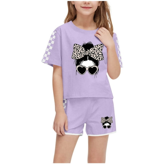 Fesfesfes Boys' and Girls' Summer Casual Outfits Elastic Short Sleeve Round Neck Pullover T-Shirts Crop Top and Elastic Waist Short Pants Set(Purple#2,9 Years)