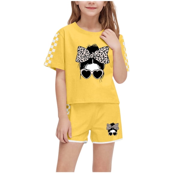 Fesfesfes Boys' and Girls' Summer Casual Outfits Elastic Short Sleeve Round Neck Pullover T-Shirts Crop Top and Elastic Waist Short Pants Set(Yellow#2,5 Years)