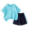 thumbnail image 1 of Fesfesfes Boys Size 6 Outfits Summer Children's Color Matching Short Sleeved Top and Shorts Set Boys' Patchwork Short Sleeved T-shirt and Shorts Set(Z01-Light Blue,13 Years), 1 of 3