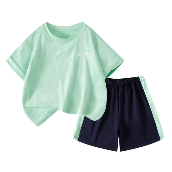 Fesfesfes Boys Summer Clothing Sets Pullover Short Sleeve Tee and Elastic Waist Shorts Quick-Dry Sports Shorts Outfit for 5-16 Years(Green,7 Years)