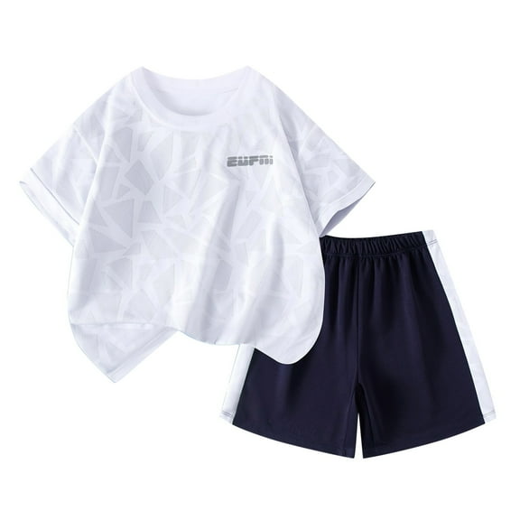 Fesfesfes Boys Summer Clothing Sets Pullover Short Sleeve Tee and Elastic Waist Shorts Quick-Dry Sports Shorts Outfit for 5-16 Years(White,9 Years)