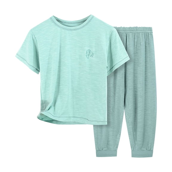 Fesfesfes Children's Casual Long Sleeve Two Piece Set Lightweight Homewear Set Summer Thin Conditioning Top with Comfort Pants for Boys and Girls(Green#2,12 Years)