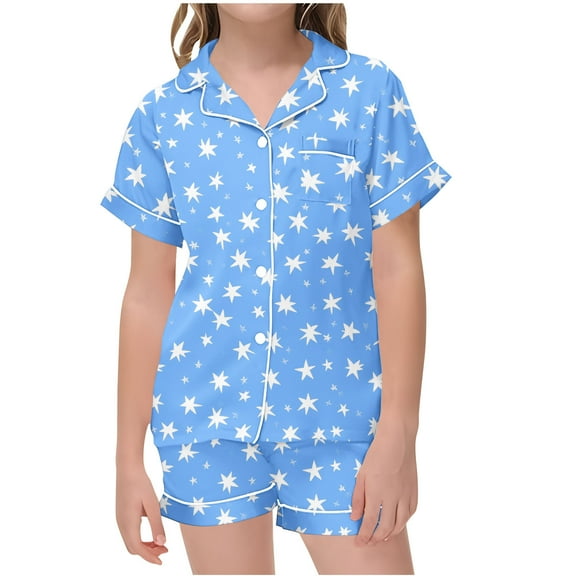 Fesfesfes Children's Short Sets Summer Button Down Print Short Sleeved Pants Home Wear Clothes Suit 2 Piece Outfits with Pockets for Kids Boys Girls(Blue#5,8-9 Years)