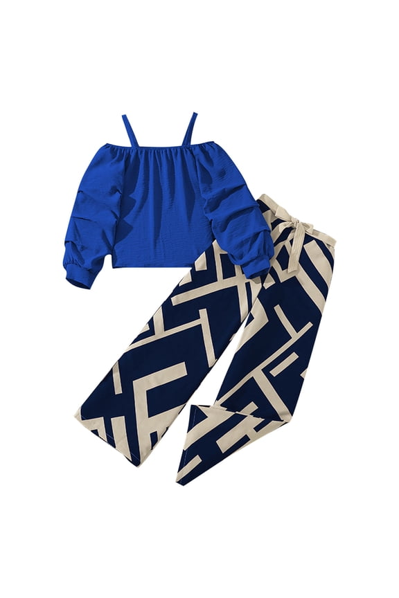 Girl's 2 Piece Outfits Kids Fashion Long Sleeve Cold Shoulder Tops Elastic Waist Pants Set Summer Shorts Sets 8-13Years(Blue,8-9 Years)