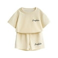 thumbnail image 1 of Fesfesfes Girl's 2 Piece Outfits Short Sleeve Round Neck Letter Print Tops and Shorts Casual Summer Elastic Waist Breathable Shorts Sets(Beige,11 Years), 1 of 3