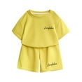 thumbnail image 1 of Fesfesfes Girl's 2 Piece Outfits Short Sleeve Round Neck Letter Print Tops and Shorts Casual Summer Elastic Waist Breathable Shorts Sets(Yellow,3 Years), 1 of 3
