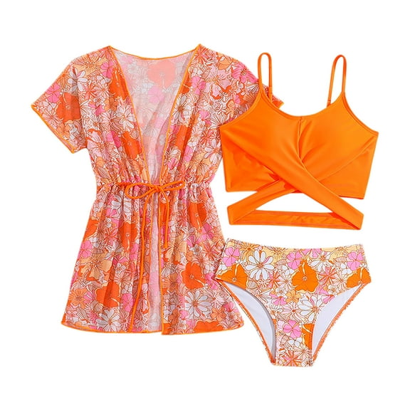 Fesfesfes Girl's 3 Piece Orange Print Halter Bikini Set High Cut Triangle with Beach Cover Up Shorts Swimsuit Bathing Suit for Kids 8-12 Years(Orange,11 Years)