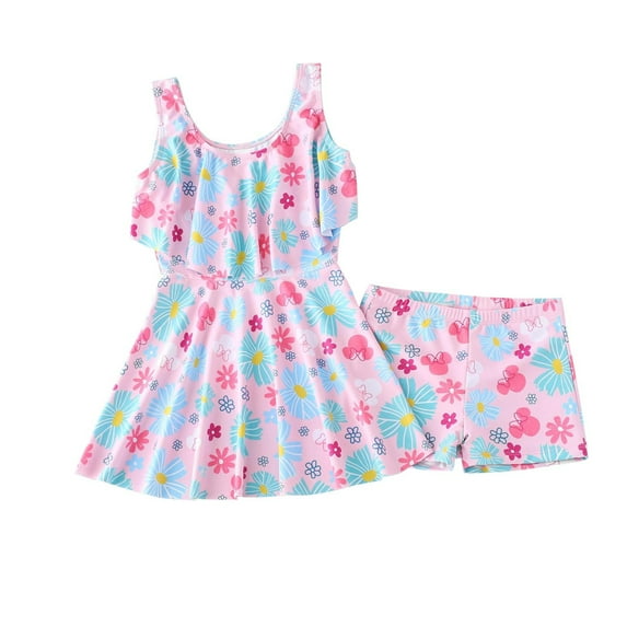 Fesfesfes Girl's Sleeveless Floral Print Swimming Skirt+Swimsuit Set Split Swimsuit Set Short Sleeve Skirt Set Bathing Suit 2-9 Years(Pink,4 Years)