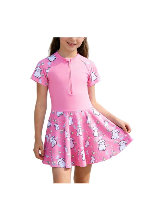 Girls 1 Piece Swimsuits Hawaiian Skirted Bathing Suit for Kids Girls Casual Summer Swim Dress Short Sleeve Swimwear