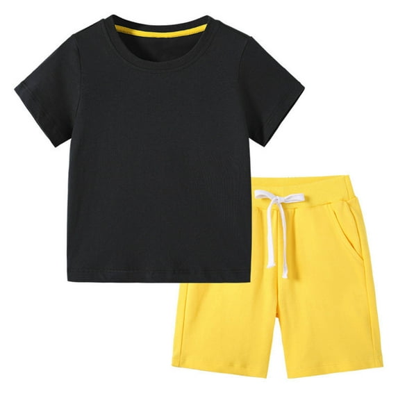 Fesfesfes Girls 2 Piece Summer Outfits Kids Soild Color Short Sleeve T-Shirts and Elastic Waist Shorts Clothing Sets Biker Shorts 2Pcs Clothing Set(Yellow,3 Years)