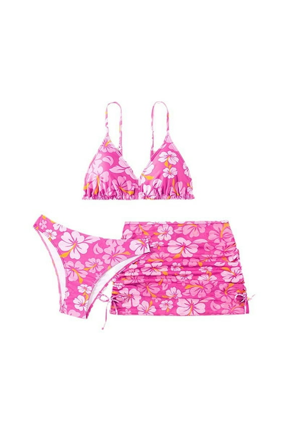 Girls' 3 Piece Set Floral Print Summer Bikini Swimsuit with Drawstring Beach Skirt Cute Ruched Bathing Suit for Girls Bikini 8-15 Years(Hot Pink,8-9 Years)