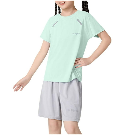 Fesfesfes Girls and Boys 2 Piece Summer Outfits Children's Solid Color Short Sleeve Round Neck Crop Top Elastic Waist Shorts Dance Clothes Girls' Breathable Clothes Set(Green,14 Years)