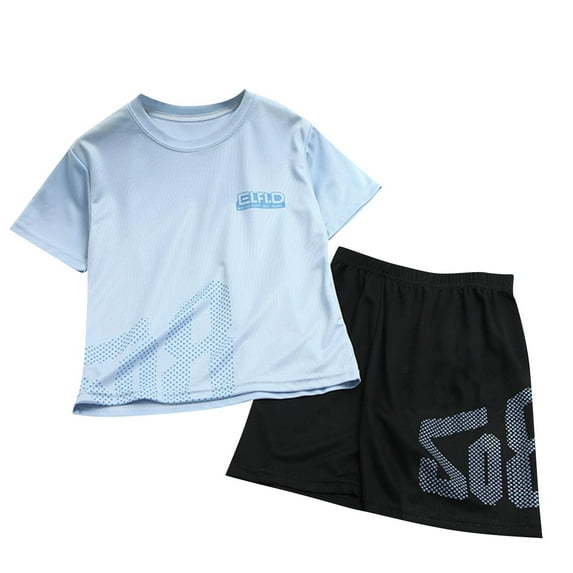 Fesfesfes Girls and Boys Clothes Outfits Color Clash Short Sleeve Heart Print Tops Breathable Summer Short Sleeve Shorts Set for 3-16Years(Blue,10 Years)