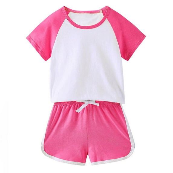 Fesfesfes Girls and Boys Summer Casual Solid Color Short Sleeve T Shirt and Elastic Waist Shorts 2 Piece Outfit Kids Home Wear Suit(Hot Pink,12-18 Months)
