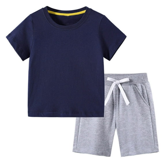 Fesfesfes Girls and Boys Summer Casual Solid Color Short Sleeve T Shirt and Elastic Waist Shorts 2 Piece Outfit Kids Home Wear Suit(Navy#3,3 Years)