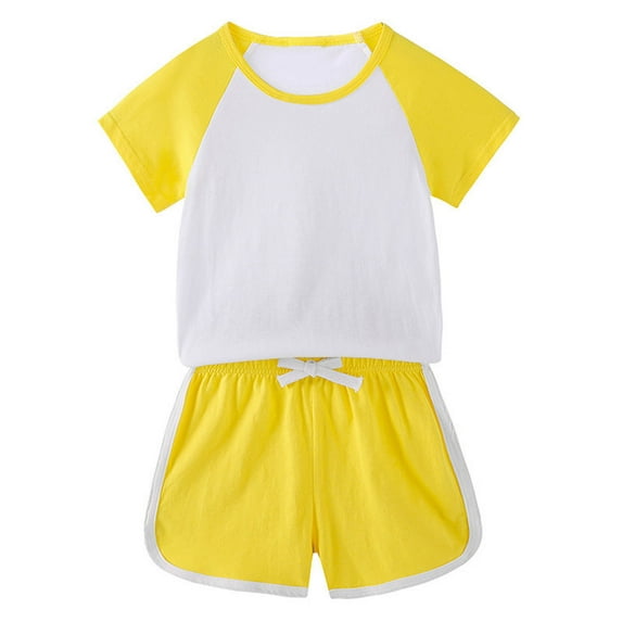 Fesfesfes Girls and Boys Summer Casual Solid Color Short Sleeve T Shirt and Elastic Waist Shorts 2 Piece Outfit Kids Home Wear Suit(Yellow,8 Years)