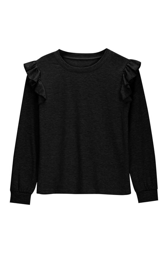 Girls Long Sleeve Solid Color Loose Tunic Tops Cute Crewnecks Dressy Casual Blouses Clothes Round Neck T Shirts for Spring Summer(Black,7 Years)