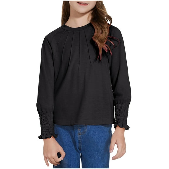 Fesfesfes Girls Long Sleeve Solid Color Loose Tunic Tops Cute Crewnecks Dressy Casual Blouses Clothes Round Neck T Shirts for Spring Summer(Black#2,13-14 Years)