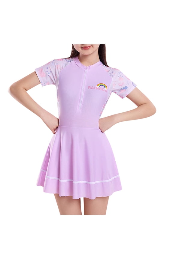 Girls One Piece Swimsuits Hawaiian Skirted Bathing Suit for Kids Girls Summer Swim Dress Short Sleeve Swimwear 9-14 Years(Purple,9 Years)