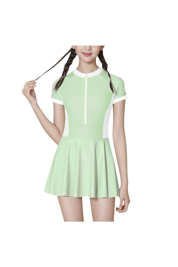 Girls Rash Guard Swimsuit Children's Zipper Short Sleeve Swimming Skirt Set UPF 50 Bathing Suit Beach Swimwear for Teen Girls 7-14 Years(Green,13 Years)