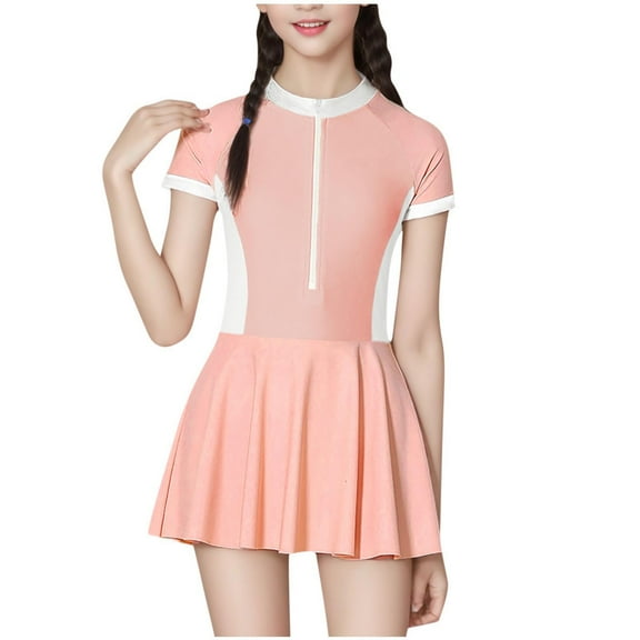 Fesfesfes Girls Rash Guard Swimsuit Children's Zipper Short Sleeve Swimming Skirt Set UPF 50 Bathing Suit Beach Swimwear for Teen Girls 7-14 Years(Pink,9 Years)